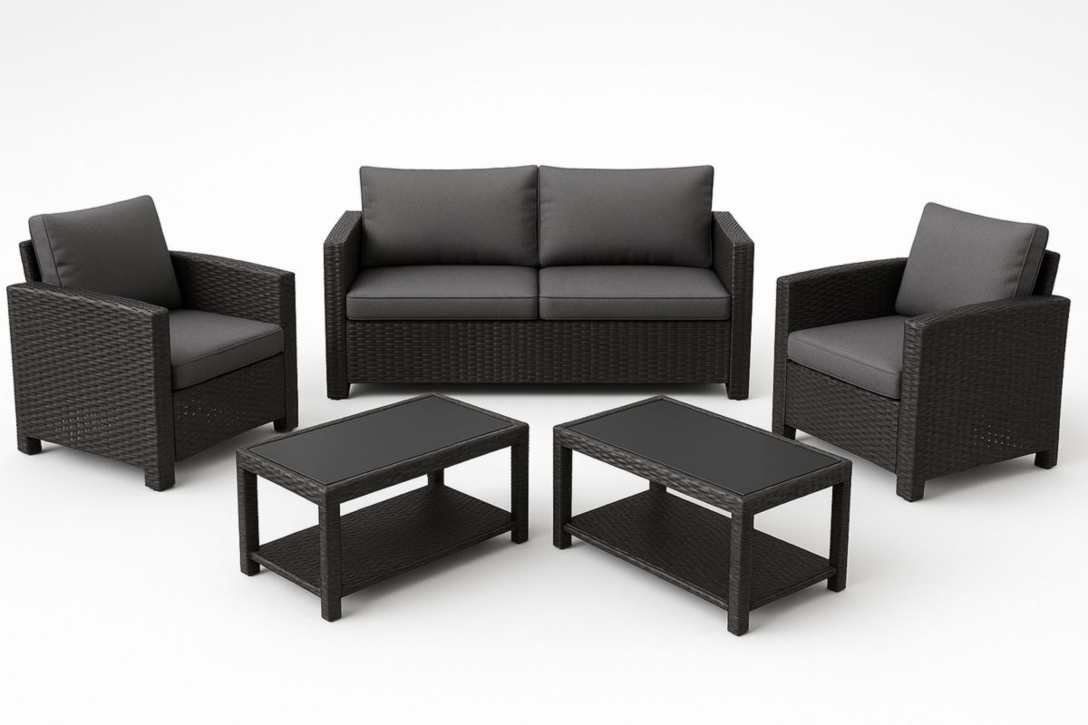 5-delige Outdoor Loungeset Poly Rattan Zwart/Grijs Met Kussens 2-zitsbank En 2 Fauteuils-Cosyeterna