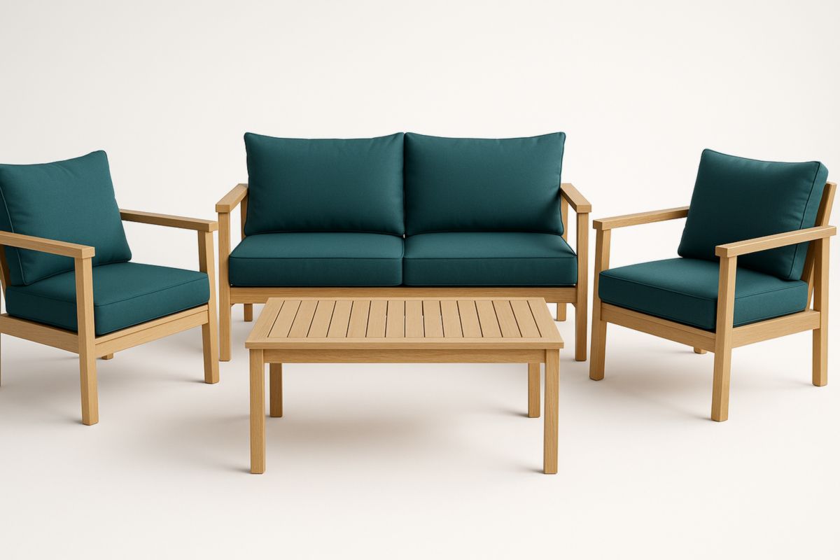 Teak houten tuinset met kussens blauw 2-zitsbank 2 stoelen tafel-Cosyeterna