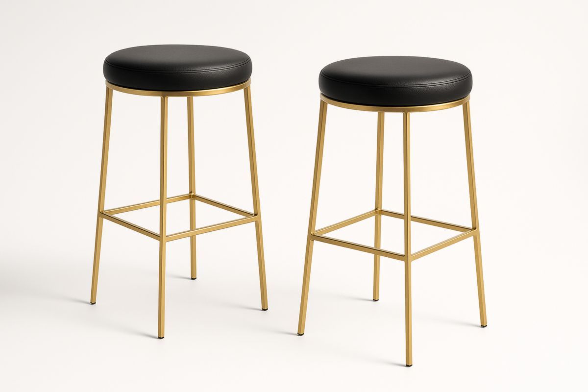 Twee Stuks Set Hoge Kruk Zwart Kunstleer Goud Staal-Cosyeterna