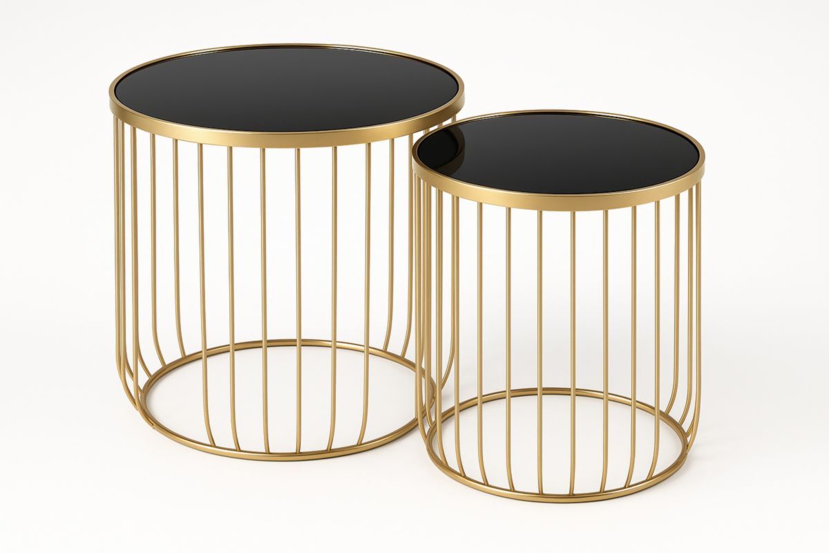 Set van 2 Bijzettafels Metalen Frame Met Zwart Glazen Blad Rond Goud/Zwart-Cosyeterna