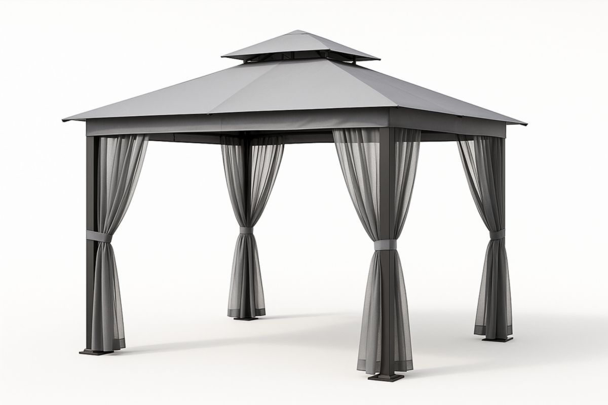 Aluminium Pergola Paviljoen 300x300x270cm Grijs Polyester Dak Met Gordijnen-Cosyeterna