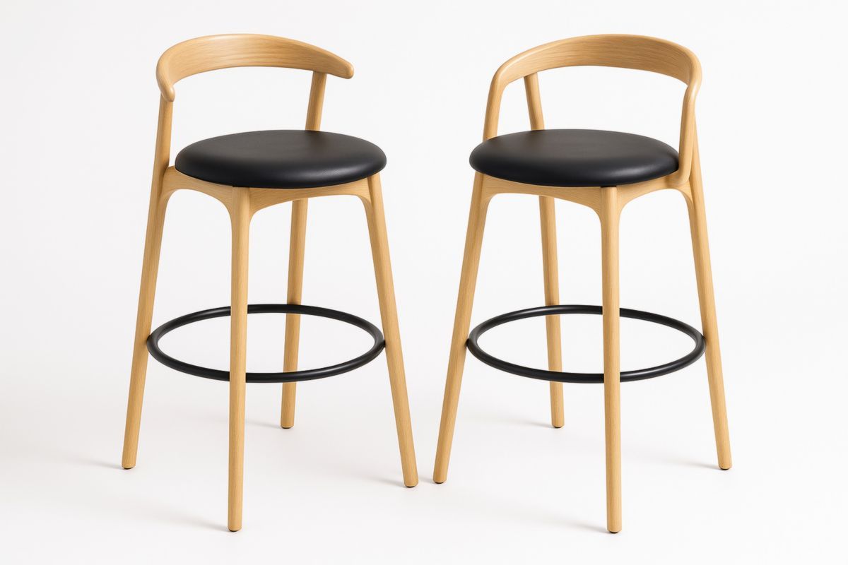 Set van 2 barkrukken met houten frame en PU-leer zitting ø40cm Zwart/Naturel-Cosyeterna