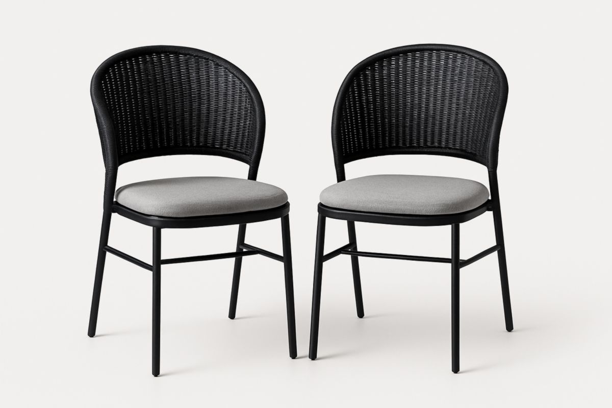 Set van 2 stoelen met rotan rugleuning en polyester zitting zwart/grijs-Cosyeterna