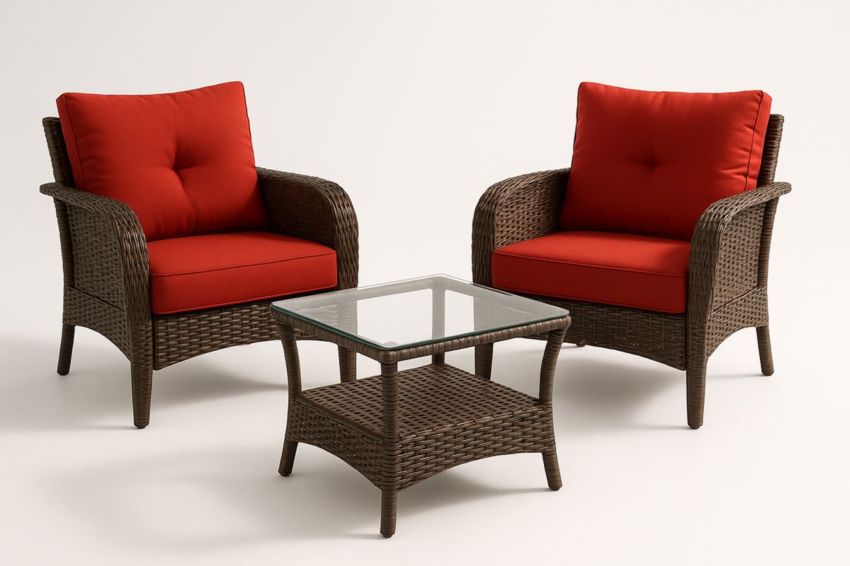 Tuinmeubel Set Rotan Stoelen Rood Kussens Glas Tafel-Cosyeterna