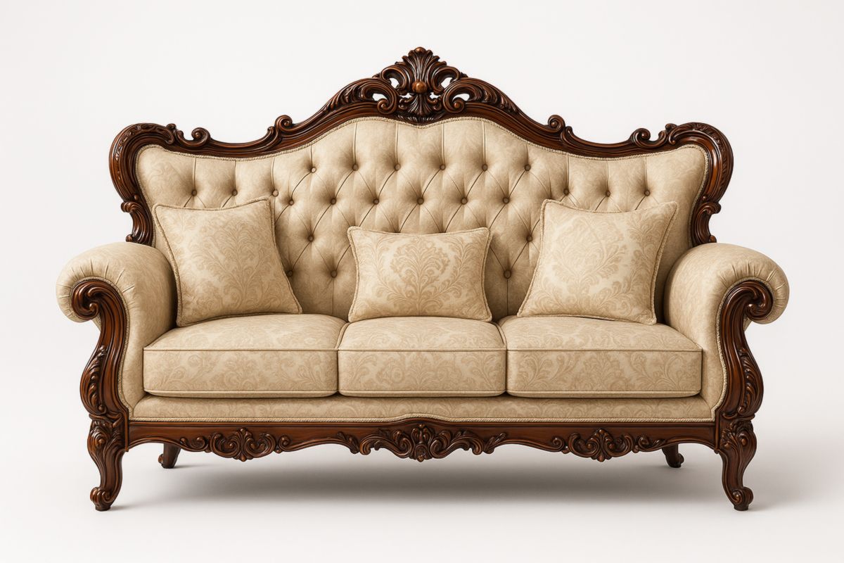 Houten driezitsbank met stoffen bekleding en sierlijk ontwerp Beige-Cosyeterna