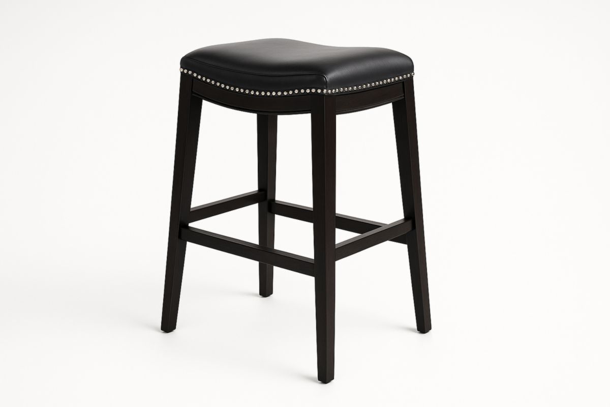 Barkruk met zwart PU-leer zitting en houten frame-Cosyeterna