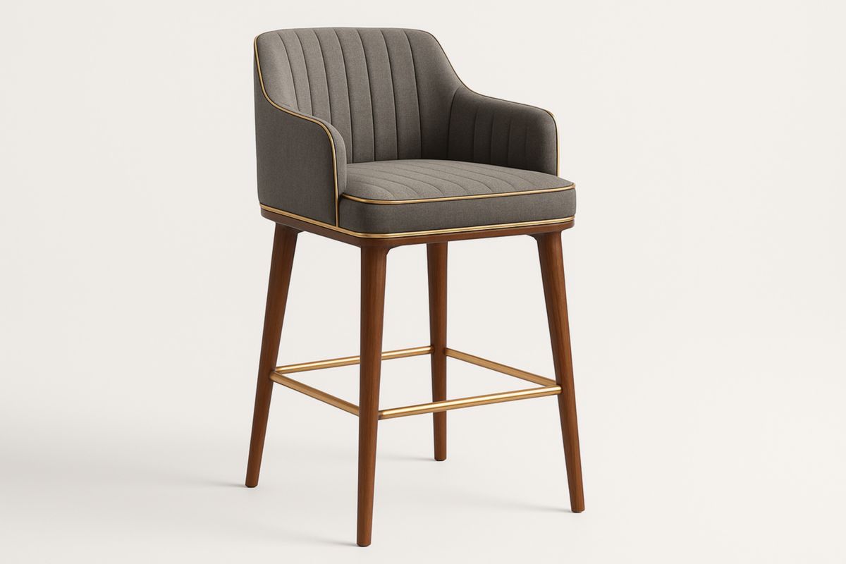 Hoge Barkruk Stoffen Bekleding Grijs Houten Poten-Cosyeterna