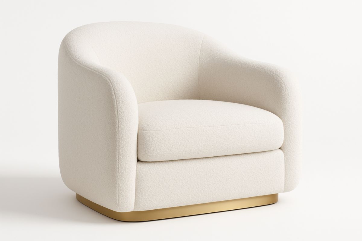 Ivory Gebogen Fauteuil Bouclé Stof Met Messing Basis 75cm x 70cm x 85cm-Cosyeterna