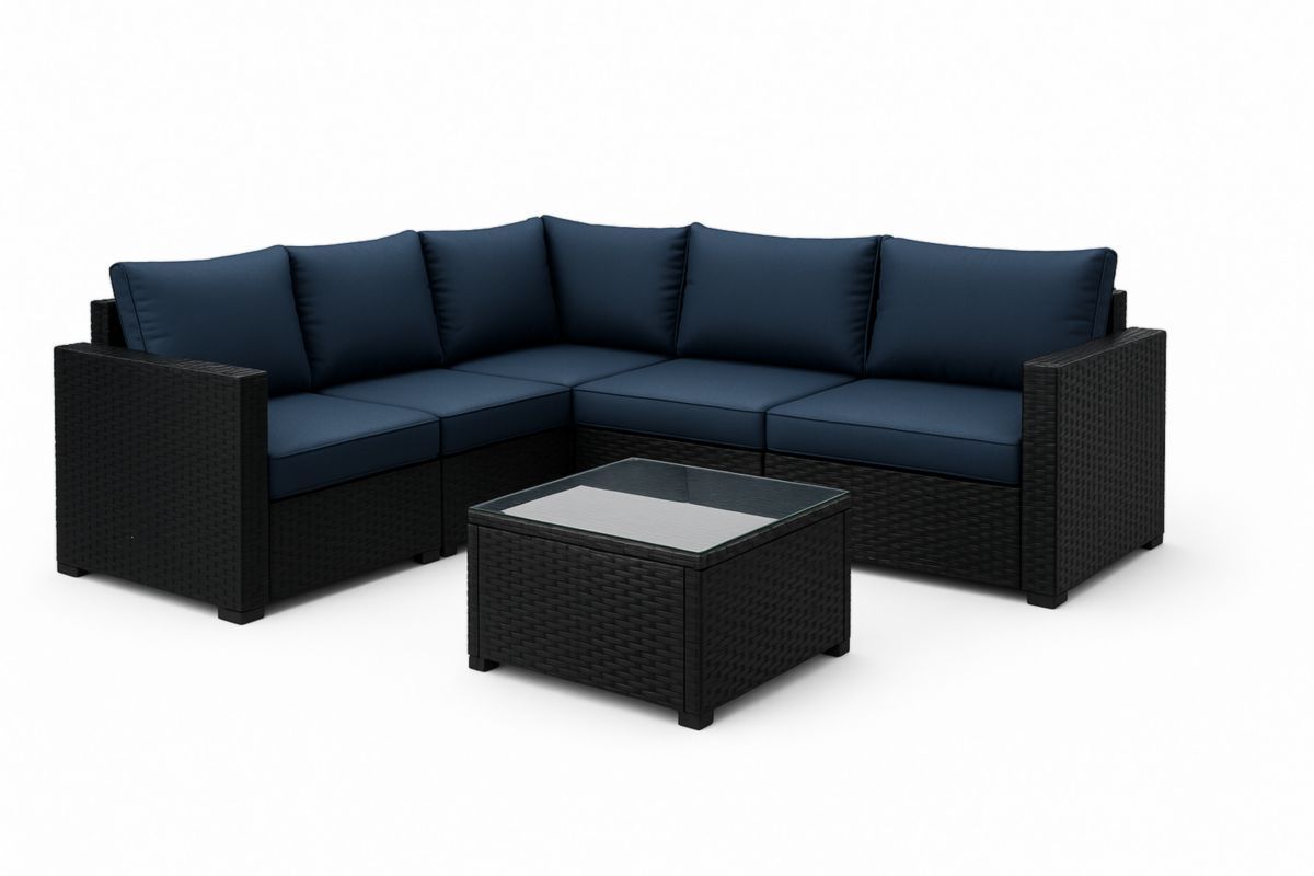 Tuin Loungeset Rattan Hoekbank met Kussens en Glas Tafel Zwart/Donkerblauw-Cosyeterna
