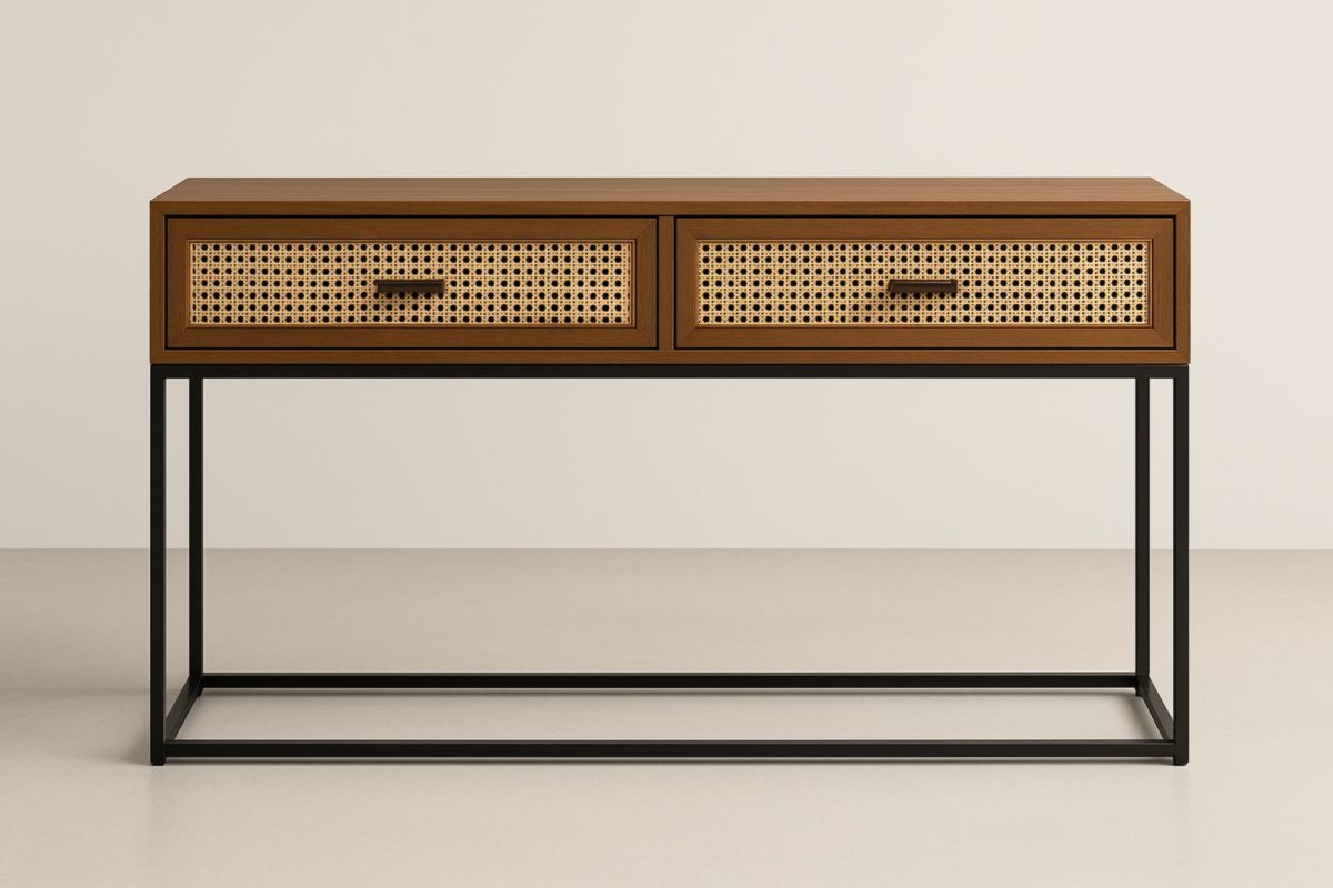 Houten Consoletafel 2 Lades Zwarte Stalen Frame Rotan Inleg Hoogte 80cm Breedte 120cm Diepte 40cm-Cosyeterna