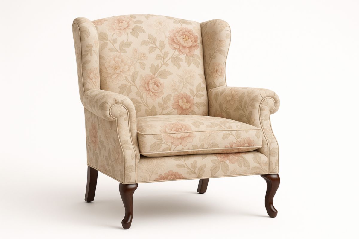 Fluwelen Wingback Fauteuil Bloemenmotief Massief Hout 100cm x 80cm x 90cm Beige/Roze-Cosyeterna