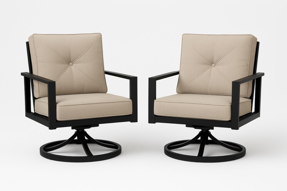 Buiten Tuinstoel Set met Draaibaar Ontwerp Zwart Staal Beige Kussen-Cosyeterna