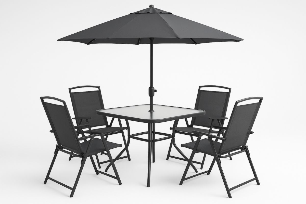 Terrasmeubelset Buitenmeubelset Aluminium Gehard Glas Textileen Grijs Zwart tafel 80cm 4 Stoelen Parasol-Cosyeterna