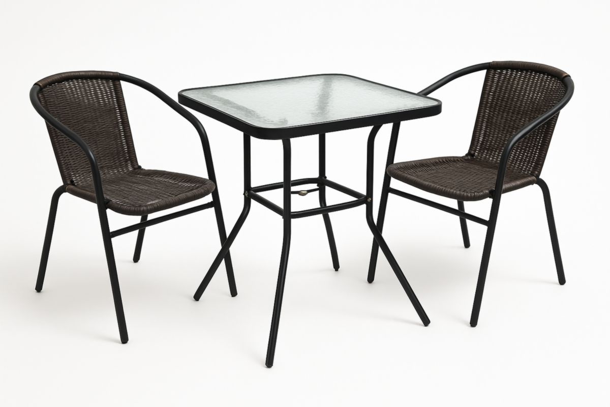 Bistro Tuinset Twee Stoelen Polyrotan Zitting Zwart Stalen Frame Vierkant Glazen Tafelblad 60x60x70cm-Cosyeterna