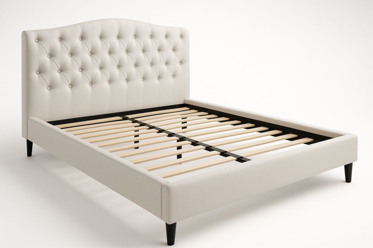 Beklede bedframe met gecapitonneerd hoofdbord en houten latten-Cosyeterna