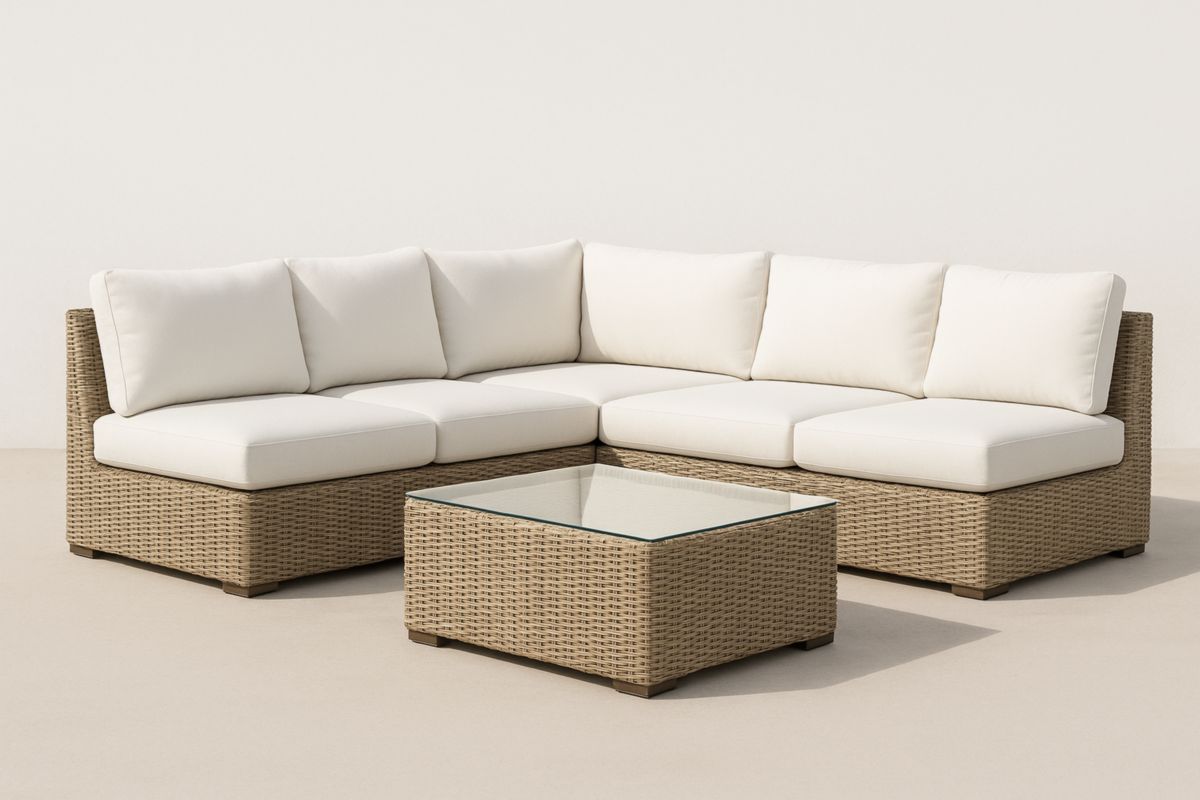Tuinmeubelset met L-vormige Wicker Loungebank en Glazen Salontafel Beige/Crème-Cosyeterna