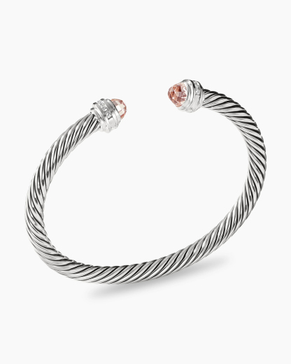Classic Cable Bracelet Sterling Silver with Morganite and Diamonds, 5mm