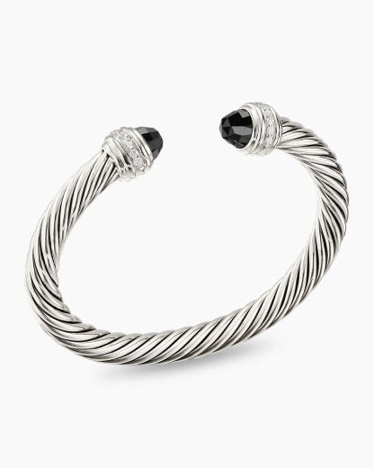 Classic Cable Bracelet Sterling Silver with Black Onyx and Diamonds, 7mm