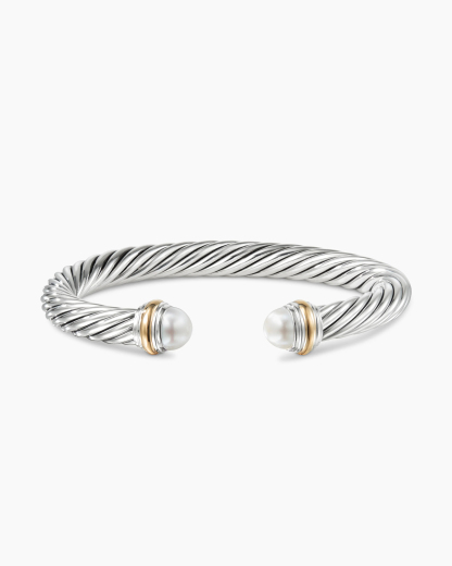 Classic Cable Bracelet Sterling Silver with 14K Yellow Gold and Pearls, 7mm