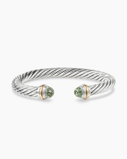 Classic Cable Bracelet Sterling Silver with 14K Yellow Gold and Prasiolite, 7mm