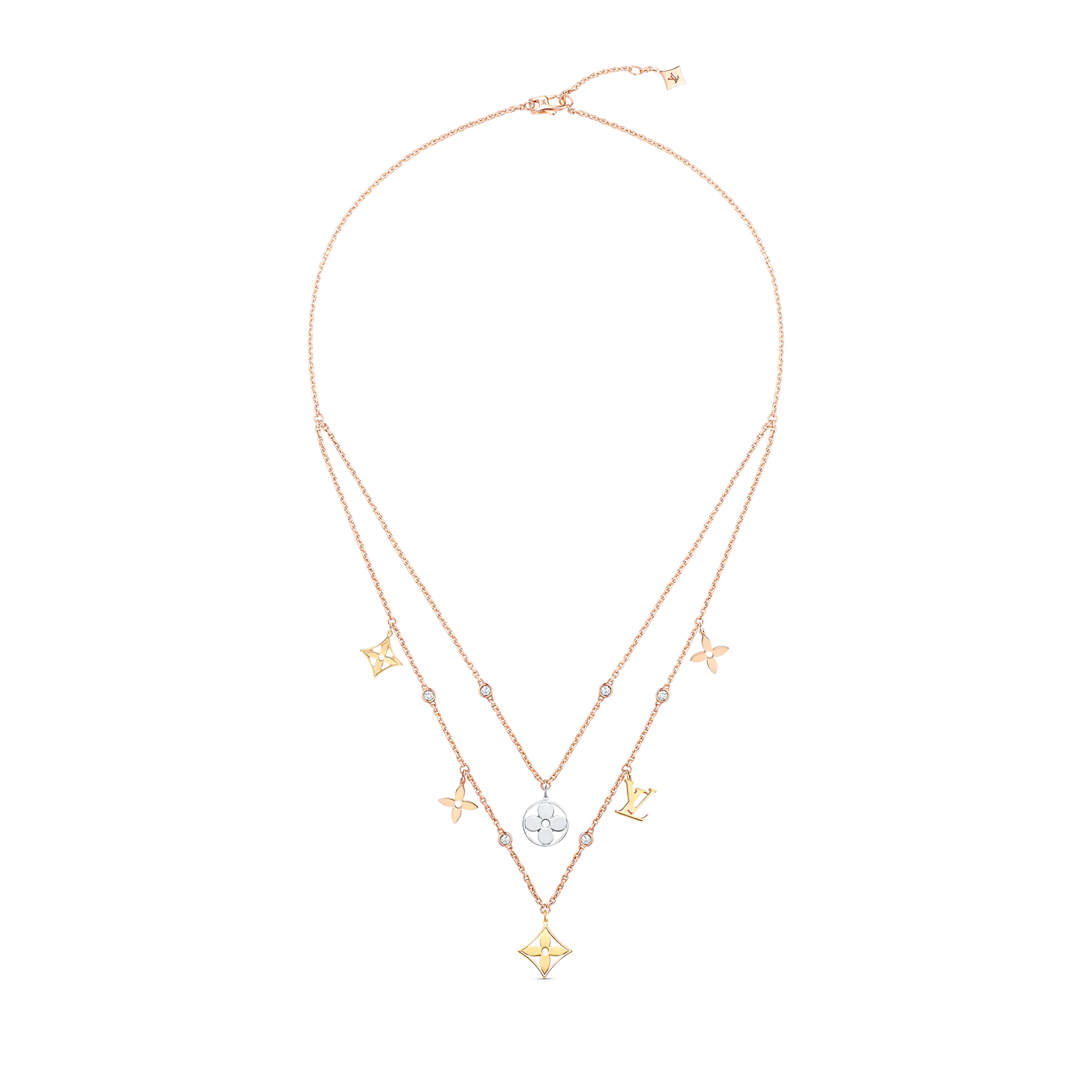 Idylle Blossom Charms Necklace, 3 Golds And Diamonds
