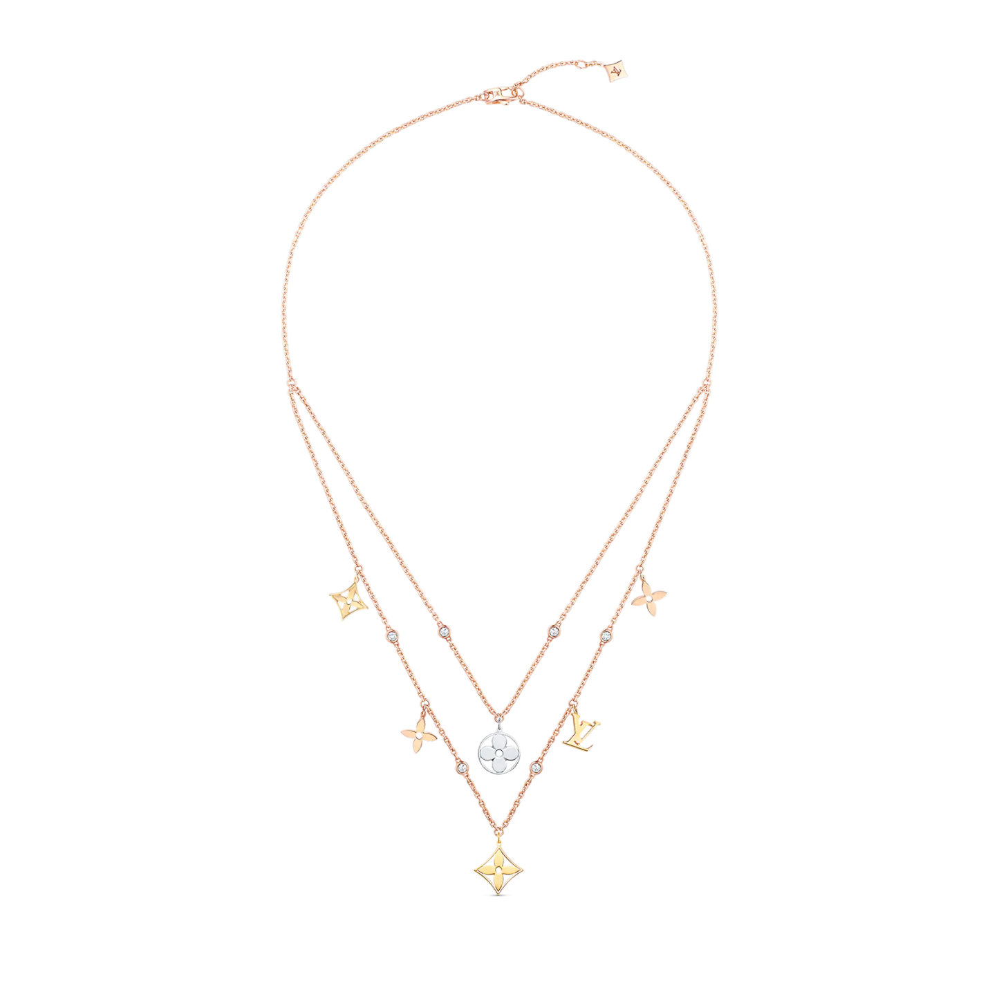 Idylle Blossom Charms Necklace, 3 Golds And Diamonds