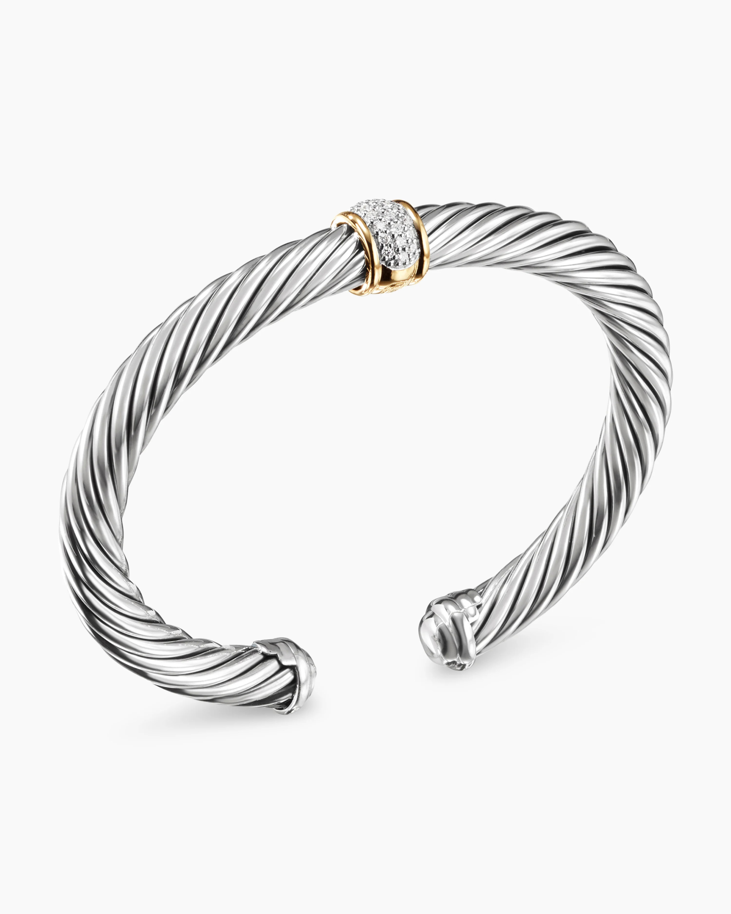 Classic Cable Station Bracelet Sterling Silver with 18K Yellow Gold and Pave Diamonds, 7mm