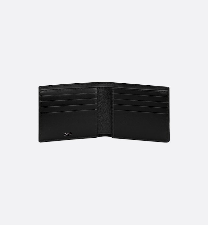 Saddle Bifold Card Holder Black Grained Calfskin Marquetry with Beige and Black Oblique Jacquard