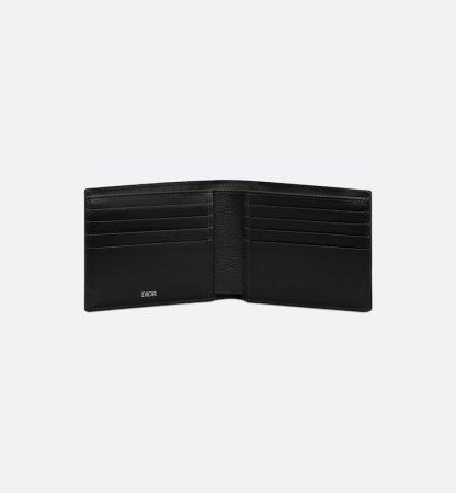 Saddle Bifold Card Holder Black Grained Calfskin Marquetry with Beige and Black Oblique Jacquard