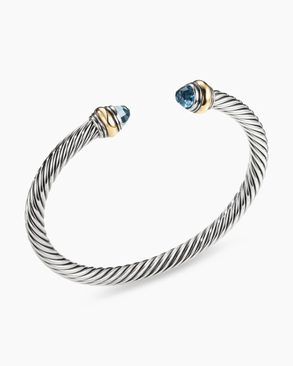 Classic Cable Bracelet Sterling Silver with 14K Yellow Gold and Blue Topaz, 5mm