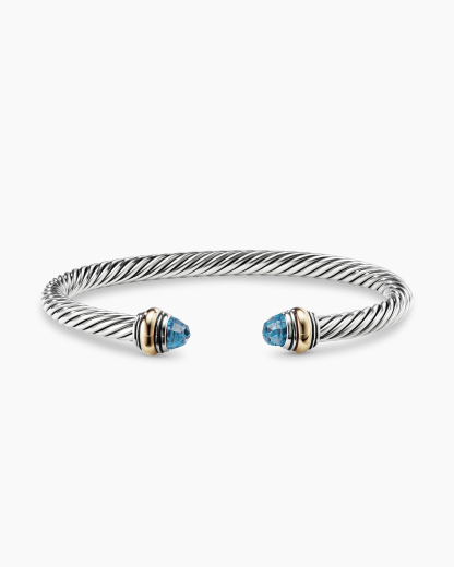 Classic Cable Bracelet Sterling Silver with 14K Yellow Gold and Blue Topaz, 5mm