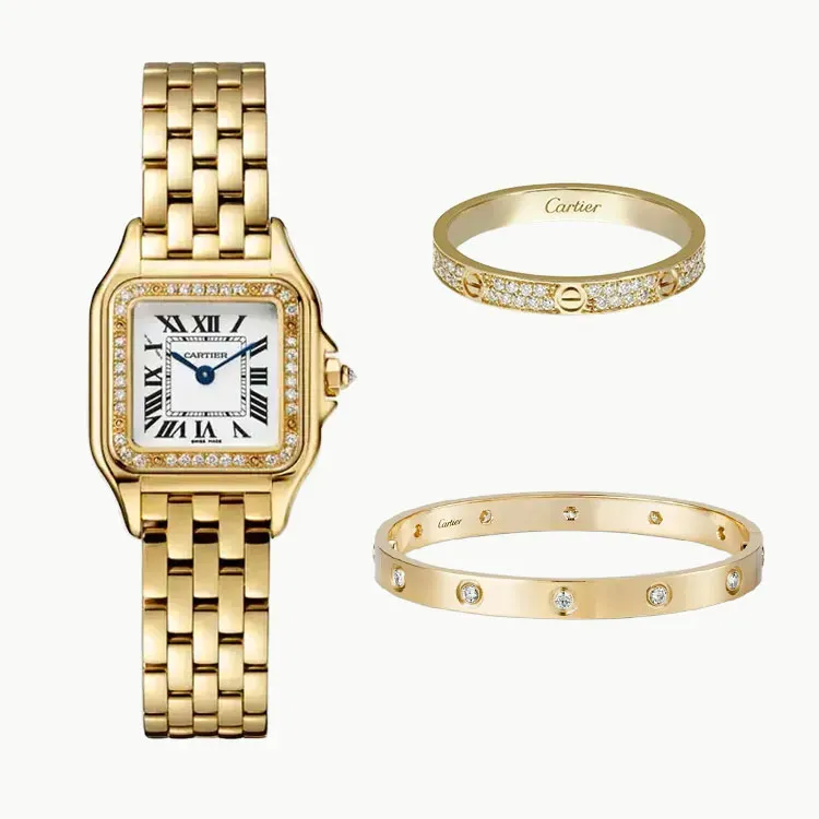 3‑Piece Cartier Stack –Panthère, Yellow Gold, Diamonds