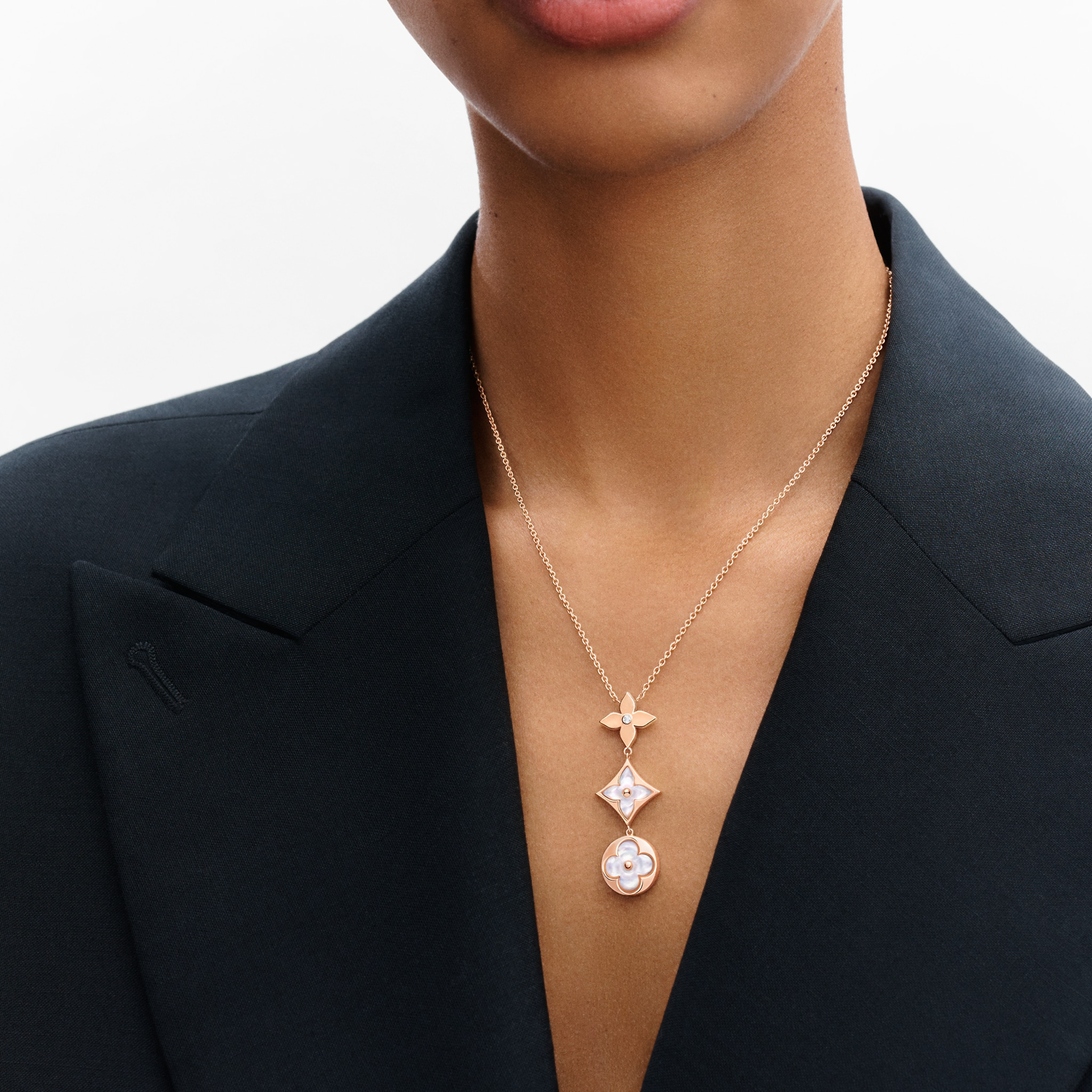 Color Blossom lariat necklace, pink gold, white mother-of-pearl and diamond