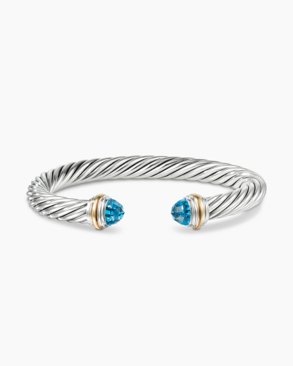 Classic Cable Bracelet Sterling Silver with 14K Yellow Gold and Blue Topaz, 7mm