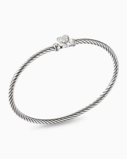 Classic Cable Heart Station Bracelet Sterling Silver with Pav茅 Diamonds, 3mm