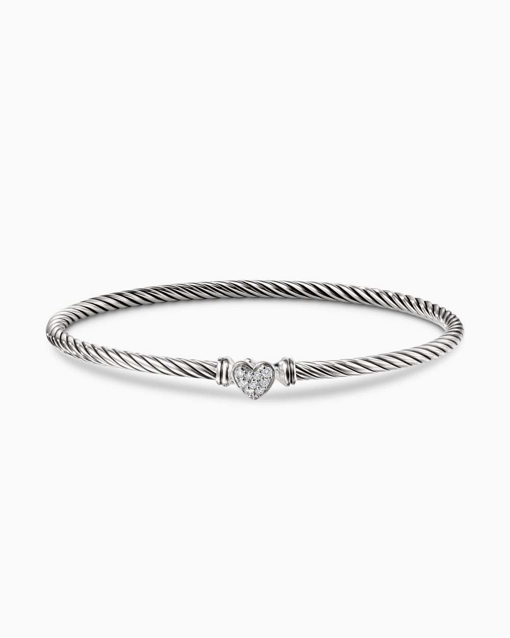 Classic Cable Heart Station Bracelet Sterling Silver with Pav茅 Diamonds, 3mm