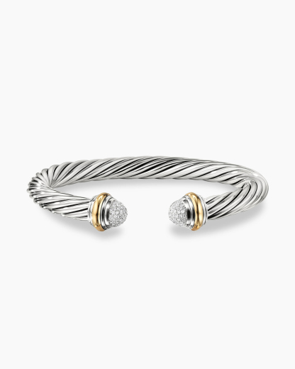 Classic Cable Bracelet Sterling Silver with 18K Yellow Gold and Pave Diamond Domes, 7mm