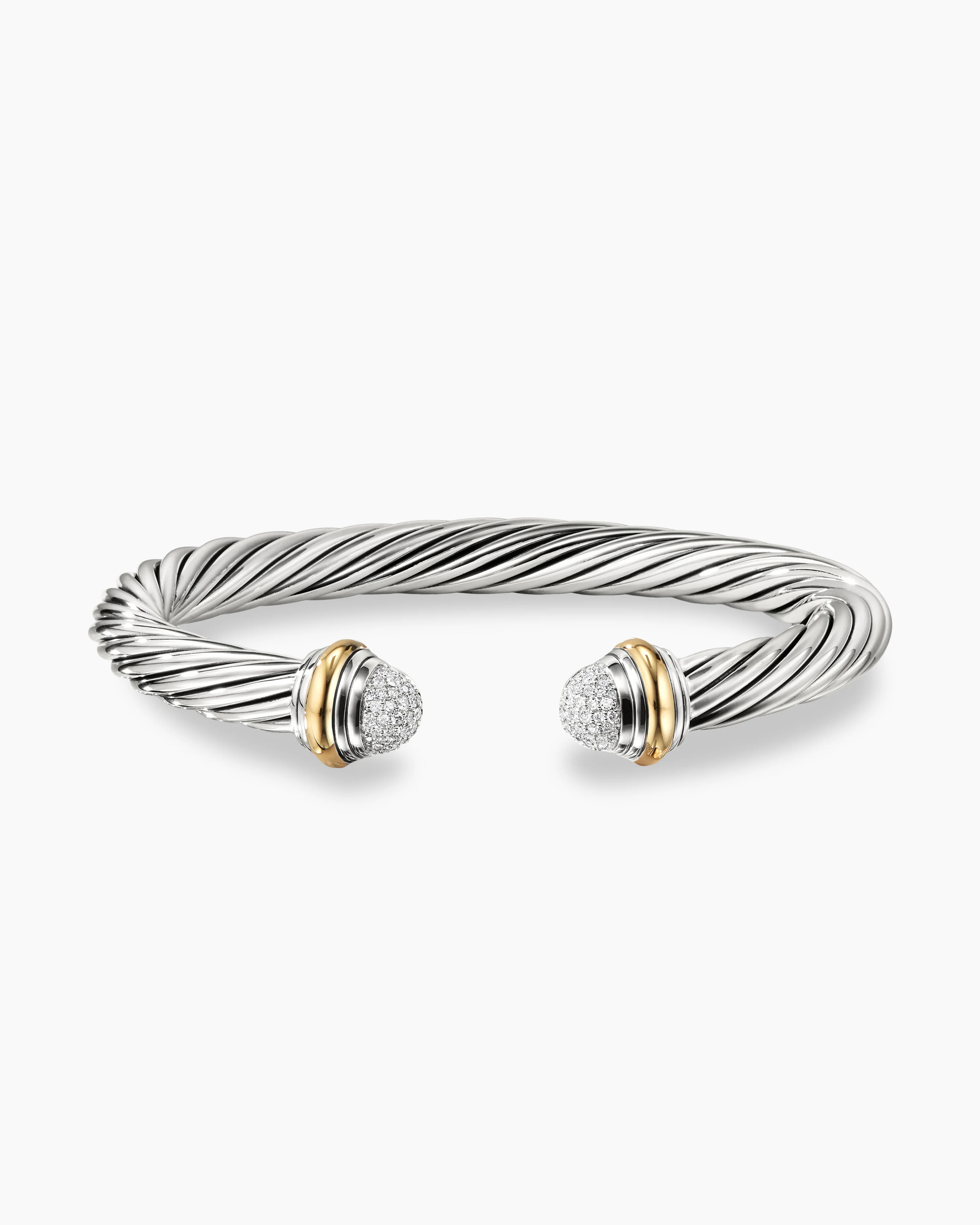Classic Cable Bracelet Sterling Silver with 18K Yellow Gold and Pave Diamond Domes, 7mm