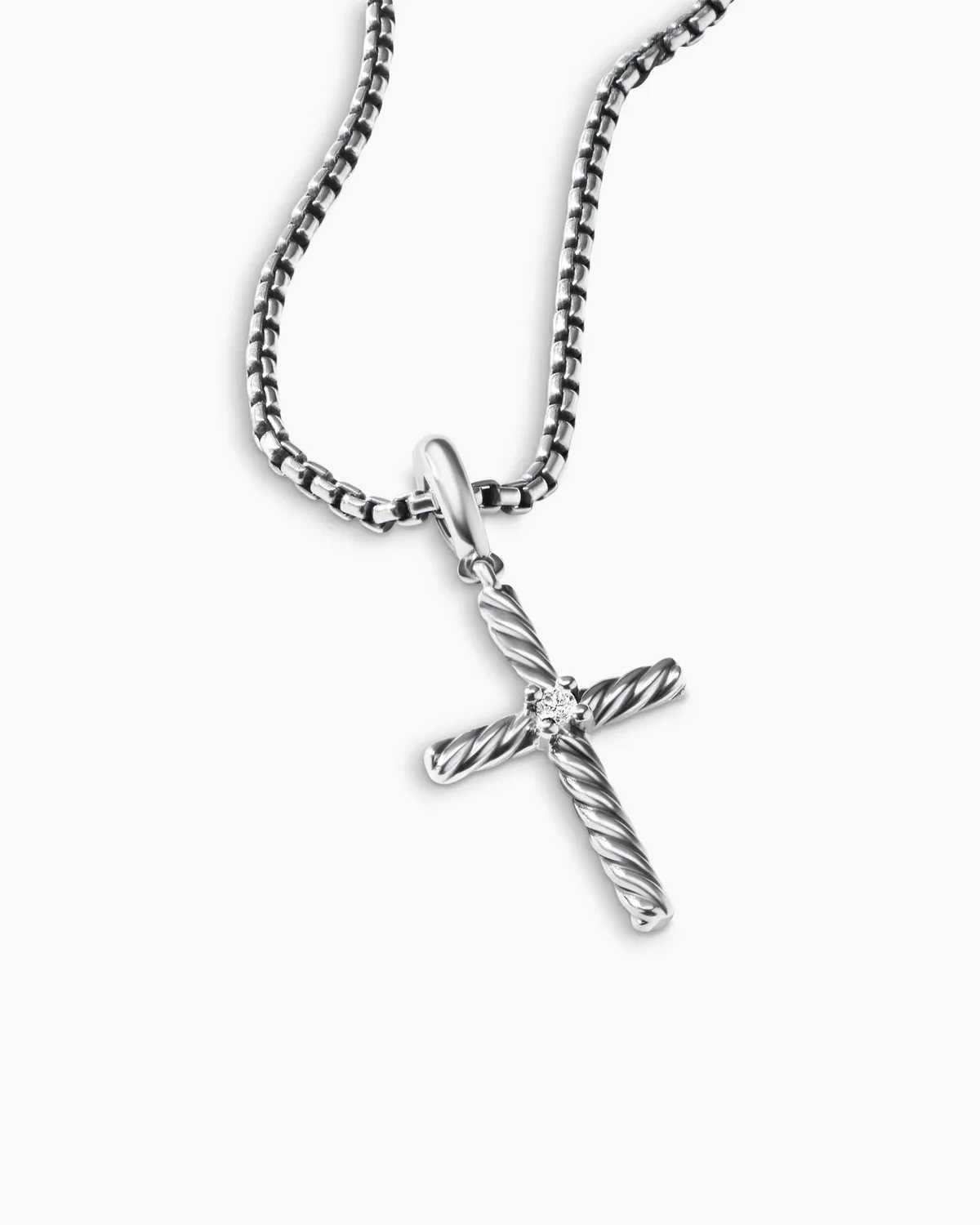 Classic Cable Cross Pendant Sterling Silver with Center Diamond, 19.5mm