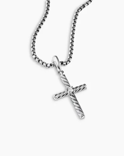 Classic Cable Cross Pendant Sterling Silver with Center Diamond, 19.5mm