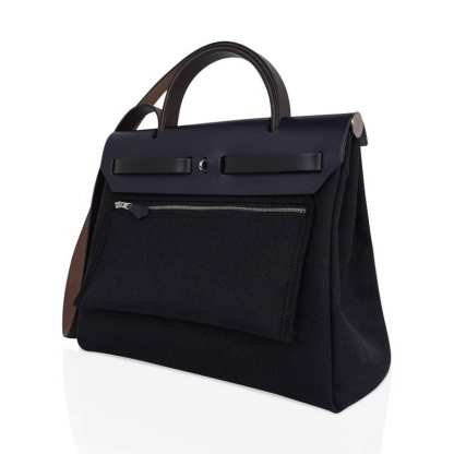 Herbag Zip 31 Bag Retourne Black Toile & Blue Indigo Vache Hunter Leather with Palladium Hardware