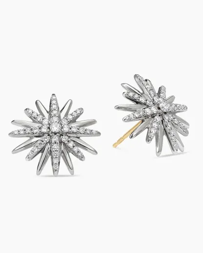 Starburst Stud Earrings Sterling Silver with Diamonds, 19mm