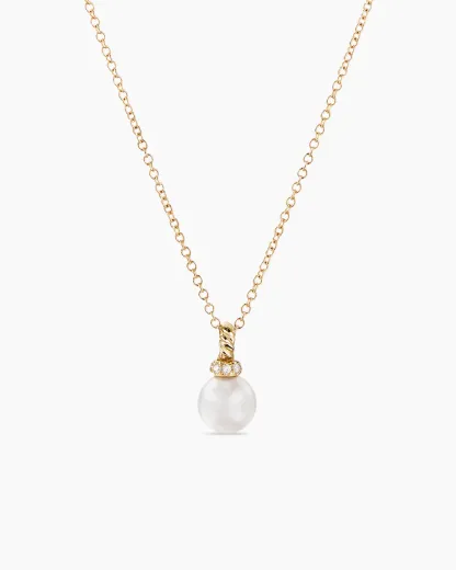Petite Solari Pendant Necklace 18K White Gold with Pearl and Diamonds, 11.5mm