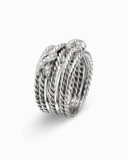 Double X Crossover Ring Sterling Silver with Diamonds, 13mm