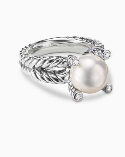 Cable Collectibles庐 Pearl Ring Sterling Silver with Pearl and Diamonds, 11mm