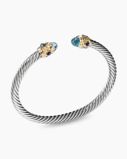 Renaissance庐 Classic Cable Bracelet Sterling Silver with 14K Yellow Gold, Blue Topaz and Lapis, 5mm