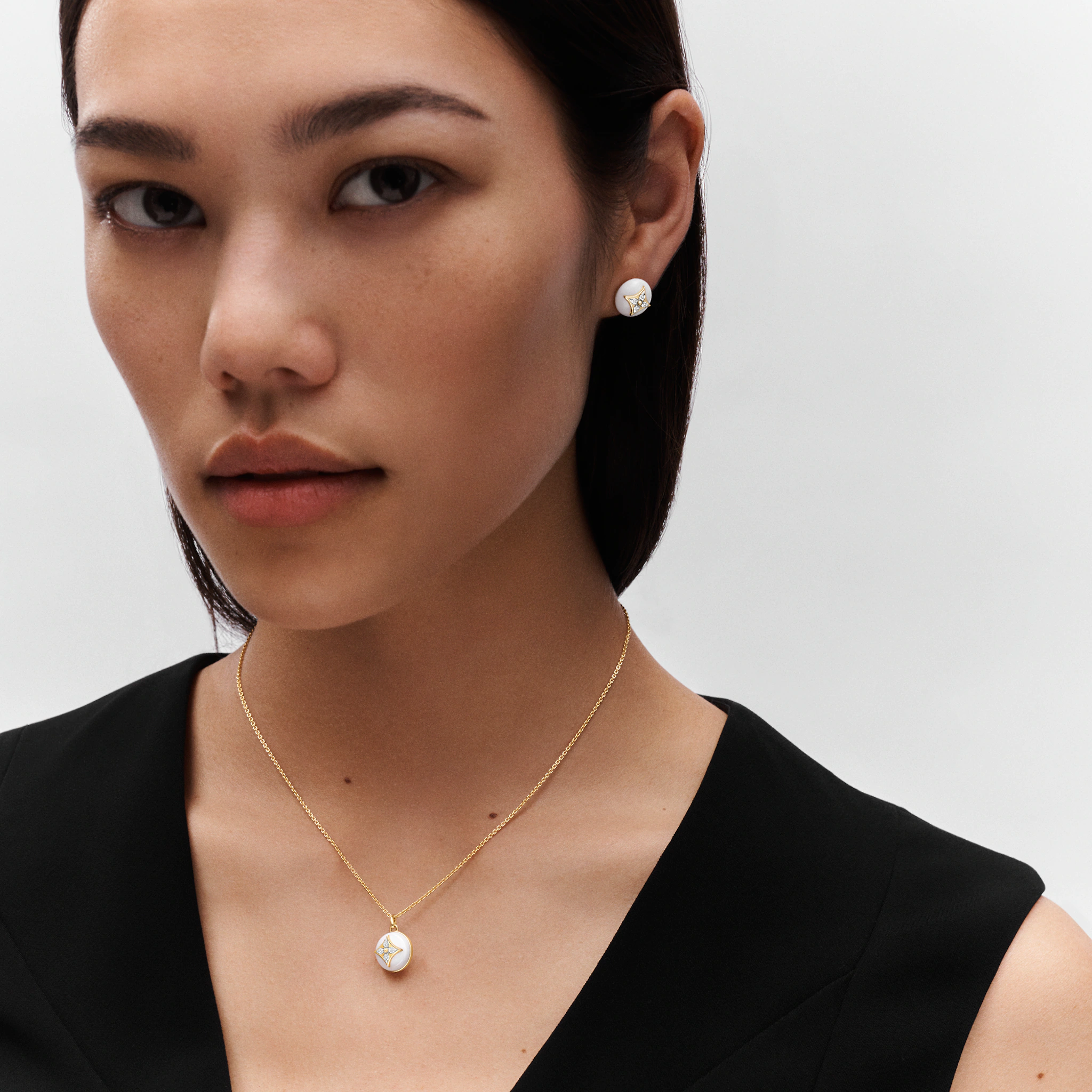 B Blossom Studs, Yellow Gold, White Gold, White Agate And Diamonds