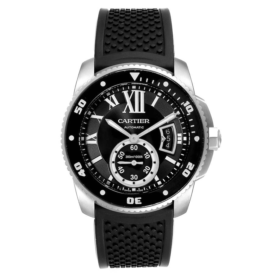Cartier Calibre Diver Black Rubber Strap Steel Mens Watch