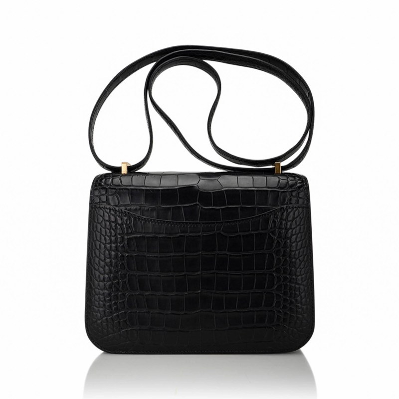Mini Constance 18 Bag Black Matte Alligator with Gold Hardware and Mirror