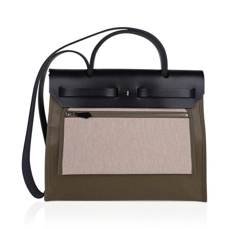 Herbag Zip 31 Bag Retourne Khaki Berline & Black Leather with Palladium Hardware